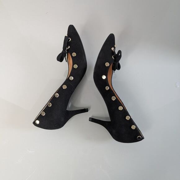 Anthropologie Hoss Intropia Black Pointed Toe Heels Gold Studs Cut Out Bows 37 - Picture 4 of 10